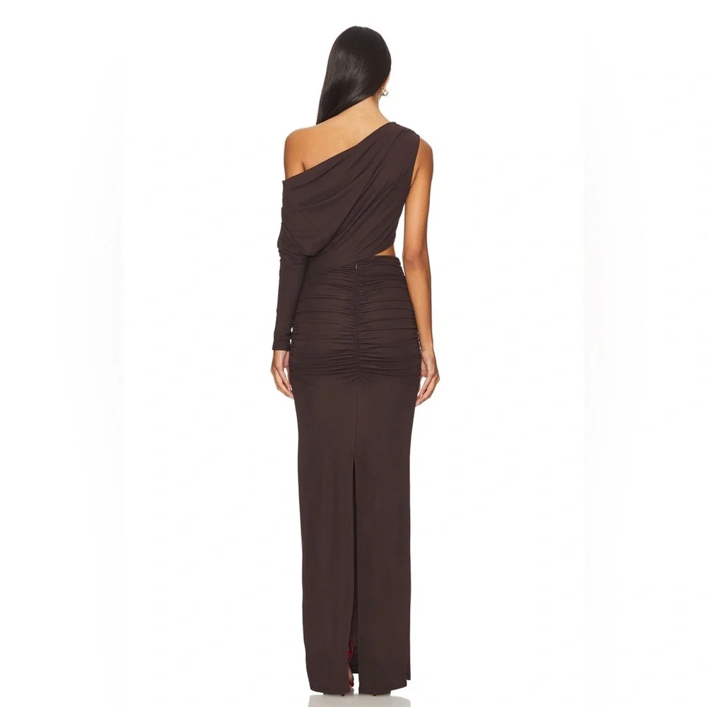 NBD Yahaira Maxi Dress Dark Brown Large One Shoulder Cutout NWT
